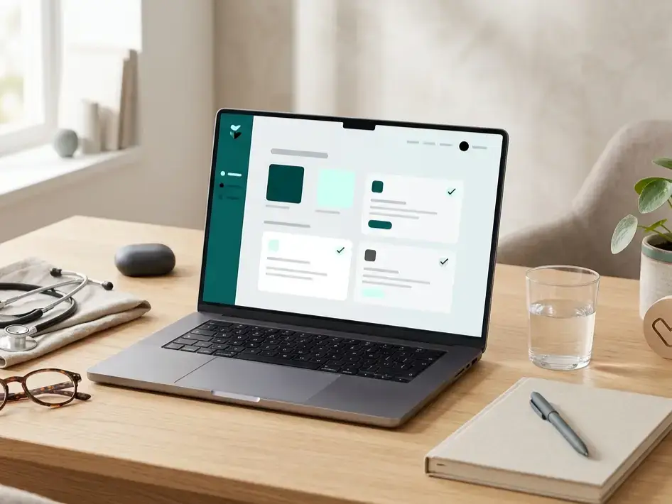 Laptop met een abstracte interface op een rustig bureau met stethoscoop, waterglas, plant en accessoires rond gezondheid.