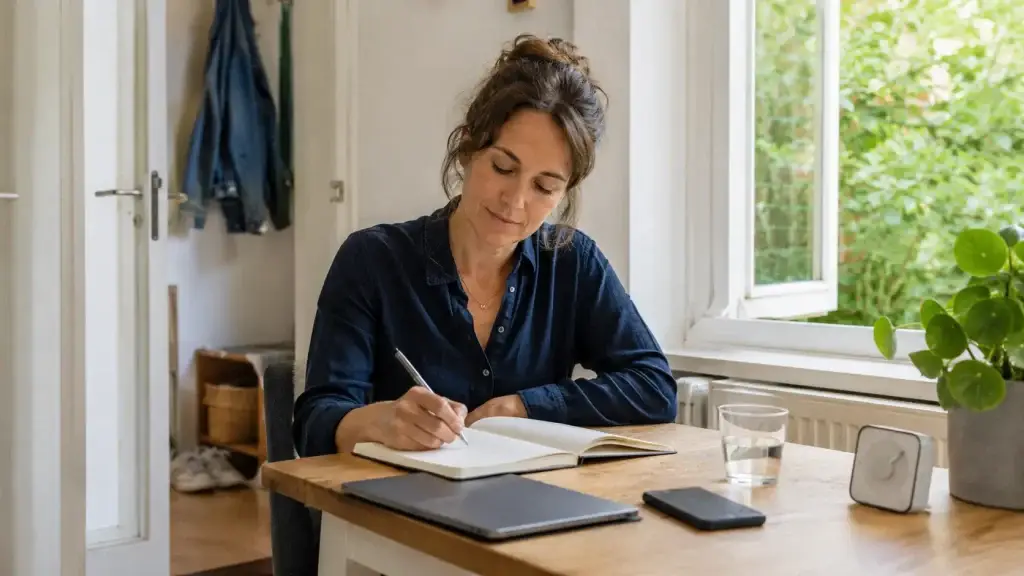 Persoon schrijft in een dagboek tijdens een schermvrije pauze om mentale veerkracht en balans te versterken.