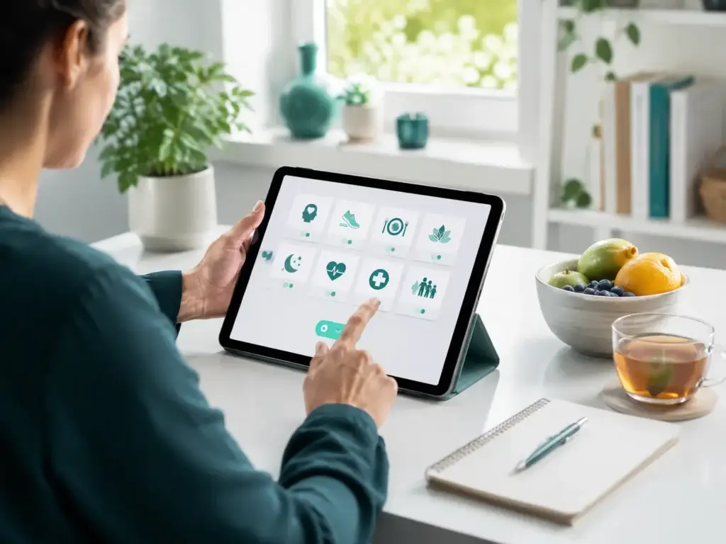 Gebruiker selecteert gezondheidsonderwerpen op een tablet in een rustige thuisomgeving