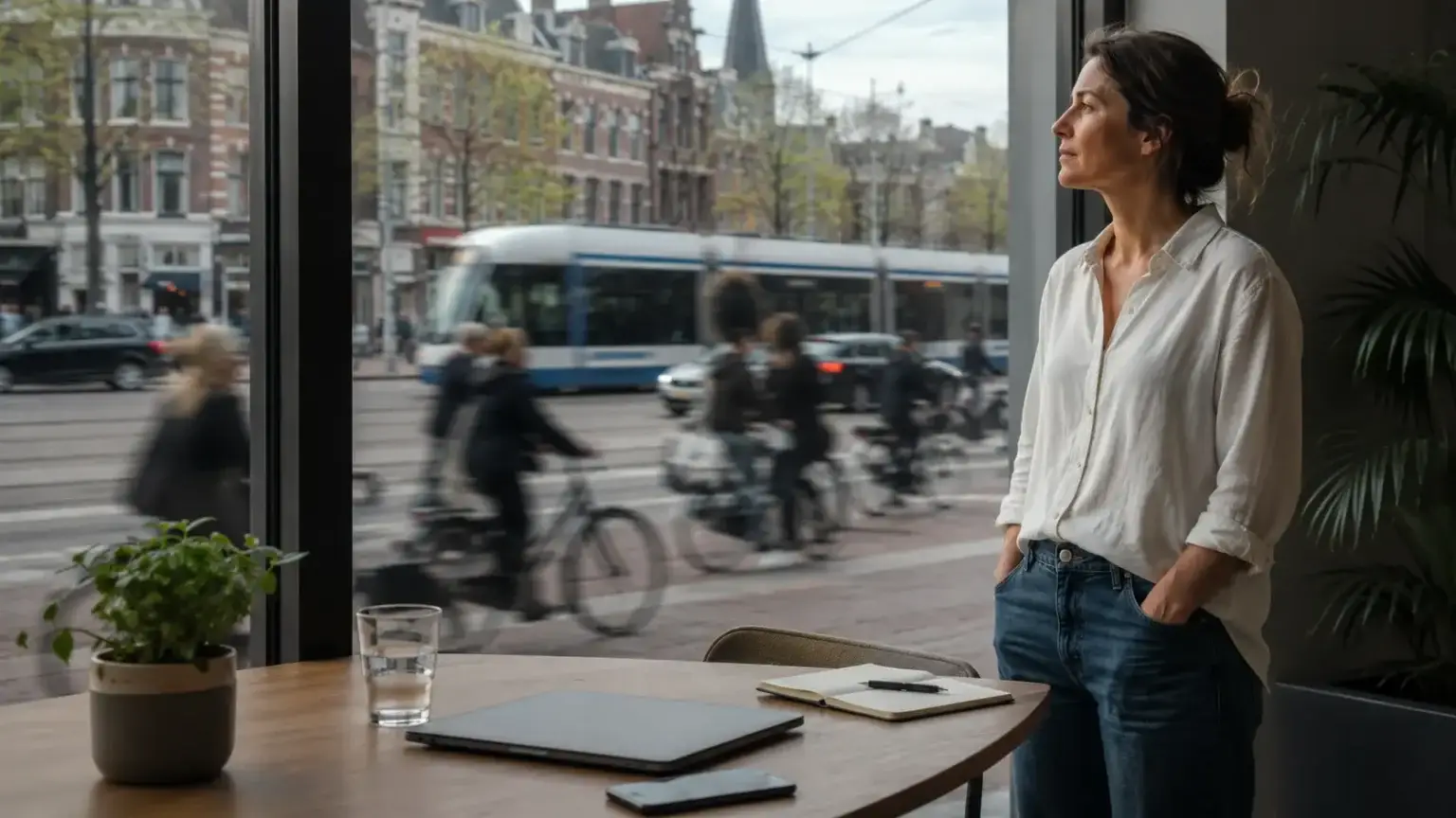Persoon blijft rustig bij een raam terwijl de drukke wereld buiten mentale veerkracht en balans symboliseert.